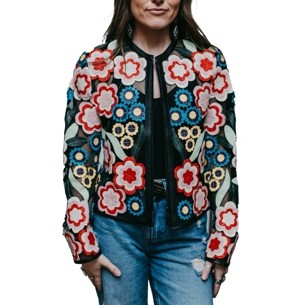 Dakota West Short Art Deco Leather Jacket Black Floral Medium